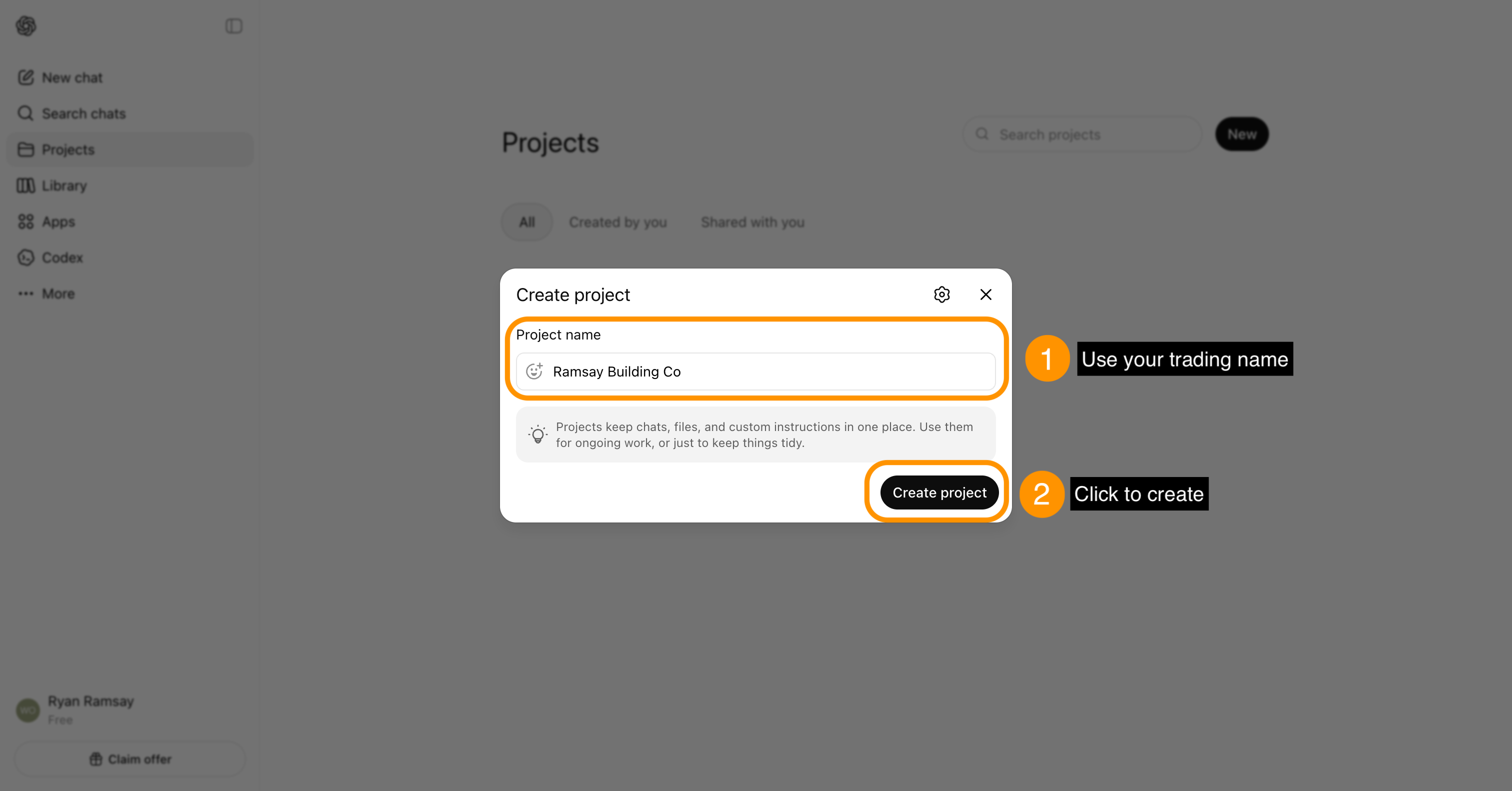 ChatGPT Create a Project modal with the project name 'Ramsay Building Co.' filled in