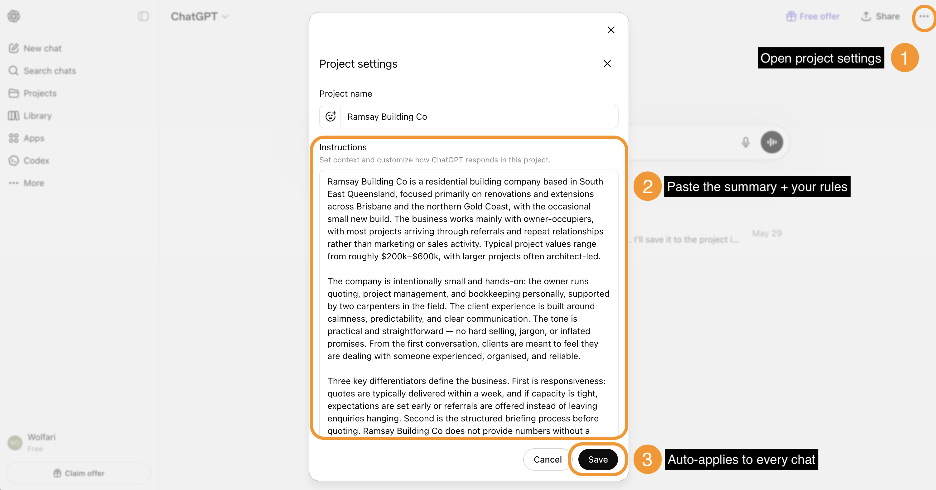 ChatGPT project setup screen showing a builder's business briefing — the 5-step AI setup guide for Australian residential builders