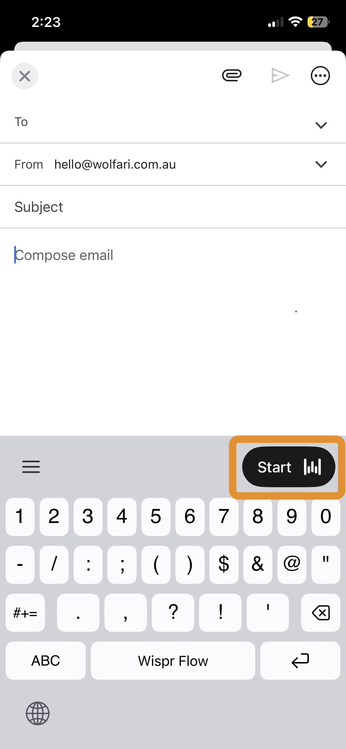 The Wispr Flow keyboard active inside a Gmail compose window on iPhone, with Ryan's hello@wolfari.com.au address in the From field