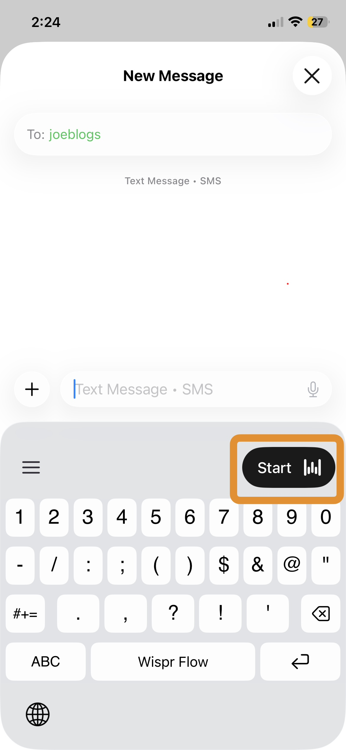 The Wispr Flow keyboard active inside iMessage on iPhone, ready to dictate a reply